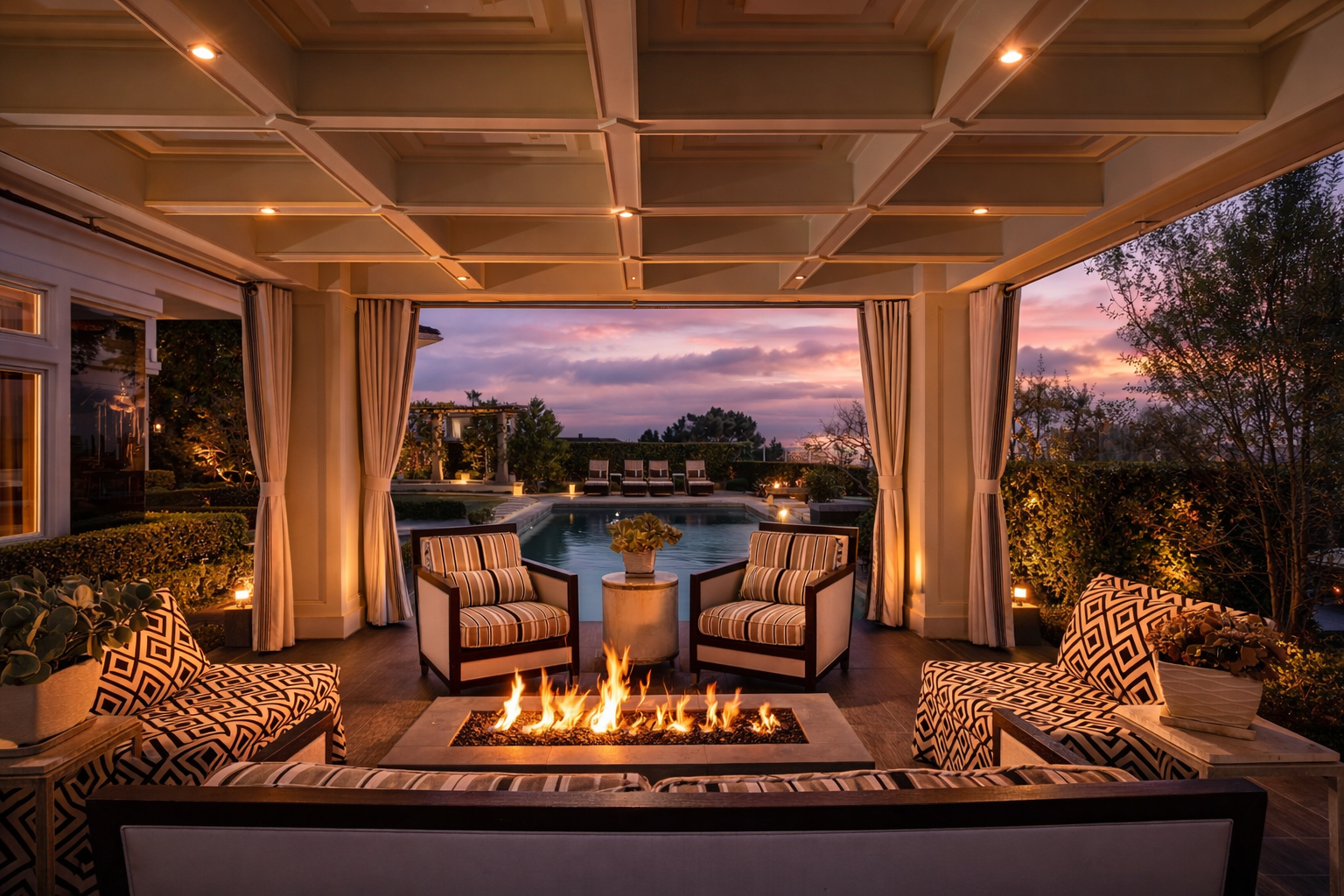 Luxury outdoor living space at twilight
