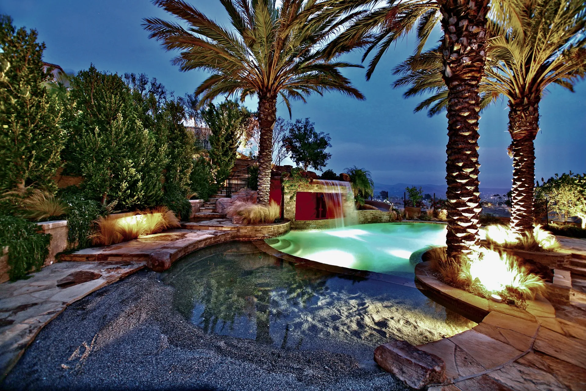 Freeform pool with waterfall