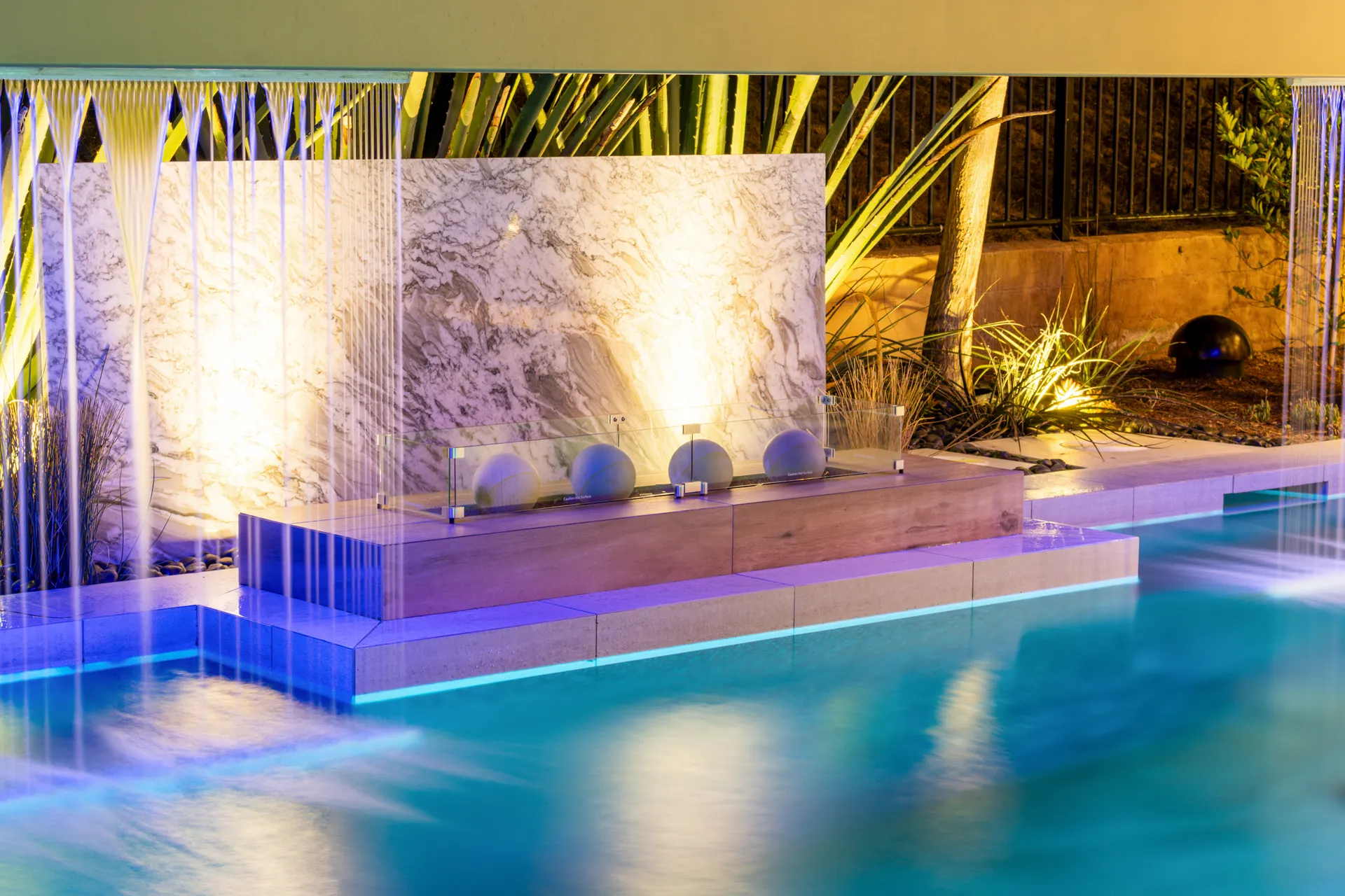 Luxury landscape illuminated at night in South Orange County